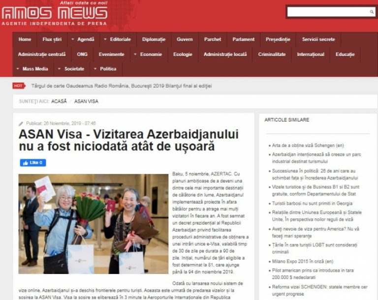 Rumıniyanın “AmosNews” xəbər agentliyi “ASAN Viza” sistemi barədə məqalə yayıb